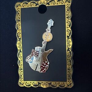 Hard Rock Cafe Atlantic City Guitar Pin with Gold and Red Accents